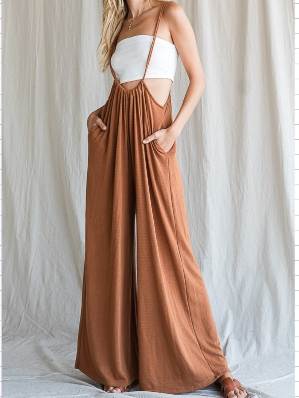 214 | Camel Overall Wide Leg Jumpsuit